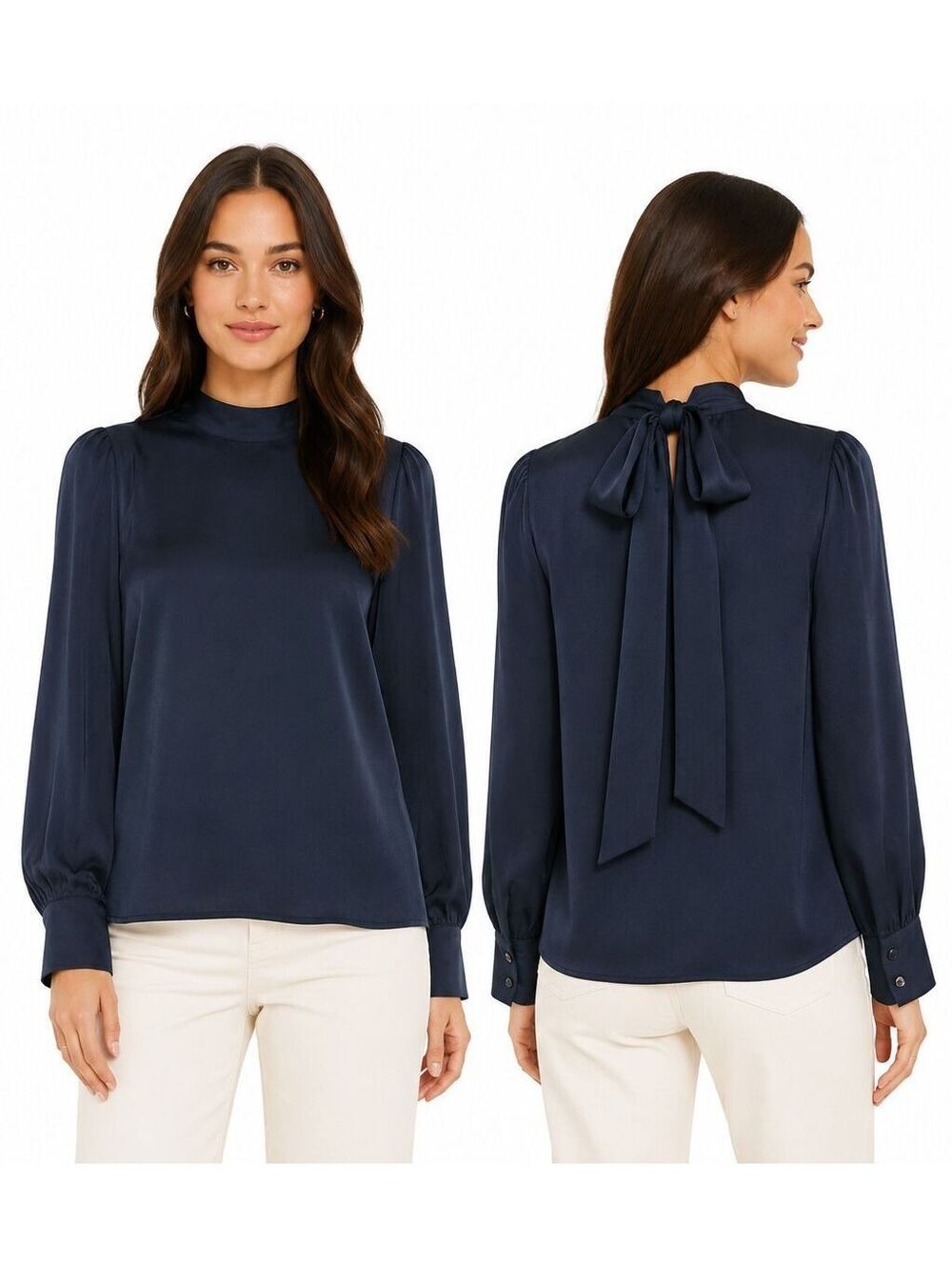 Lewit High Neck Silk Blouse Tie Bow Neck Size Xlarge Navy Blue Preppy Mob Wife